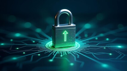 A futuristic padlock with a glowing green arrow, set against a high-tech digital background, symbolizing security and data protection.