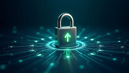 A digital lock featuring a green upward arrow, symbolizing security and data protection in a futuristic tech environment.