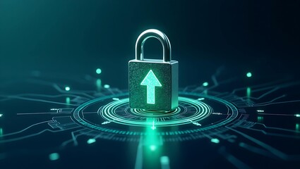 A metallic padlock with a glowing upward arrow symbol, representing security and data protection concepts.