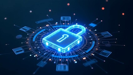 A glowing blue padlock symbolizes cybersecurity, set against a dark background with digital elements.
