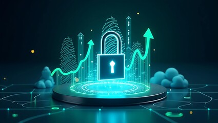 A glowing digital padlock symbolizing security, with upward trending graphs and abstract cityscape in the background.