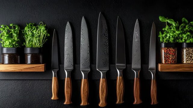 Set of kitchen knives displayed on a black wall with fresh herbs in containers on a wooden shelf