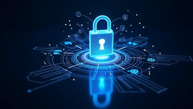 A digital lock symbolizing security, surrounded by holographic data elements on a dark background.
