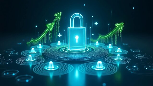 A digital illustration of a glowing padlock surrounded by data analytics elements, symbolizing cybersecurity and data protection.