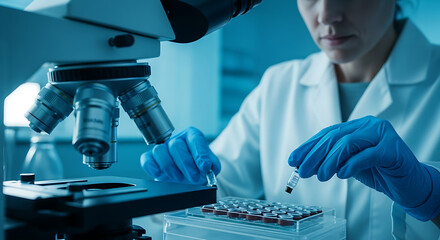 A scientist in a lab coat and blue gloves carefully handles a small vial next to a microscope and a tray of samples.