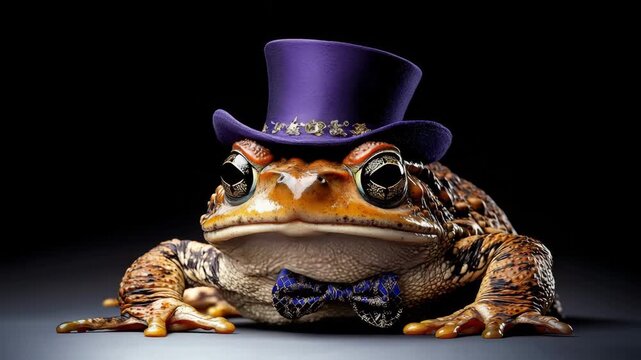 Frog wearing a top hat and bow tie, posing stylishly against a dark backdrop, showcasing a whimsical and playful appearance