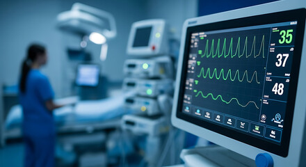 Medical monitor displaying vital signs in a hospital operating room.