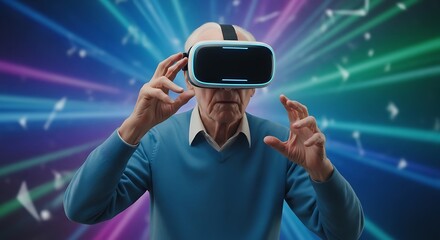 Elderly Man Experiencing Virtual Reality Technology.