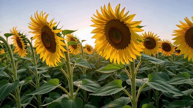 Stunning sunflower field sways gently as the sun rises, promising a bright summer harvest