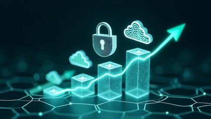 An abstract representation of rising data security trends with digital graphs and cloud icons.