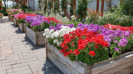 Obraz premium Vibrant Flower Garden Display: Colorful Blooms in Wooden Planters Creating a Cheerful Outdoor Scene
