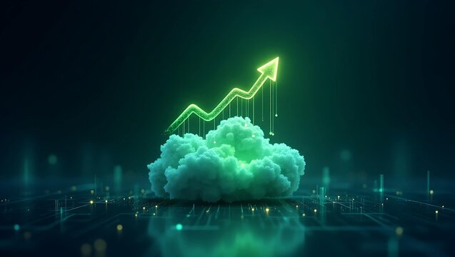 A digital representation of growth, featuring a glowing green upward arrow above a cloud, symbolizing progress and innovation.