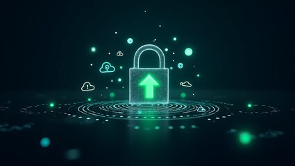 A glowing digital lock with an upward arrow, symbolizing secure data transfer in a tech environment.