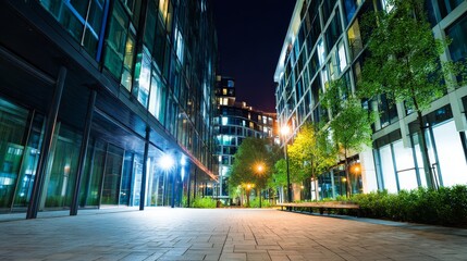 Smart futuristic residential complex with AI controlled lighting and glass buildings, modern architecture and future lifestyle concept.