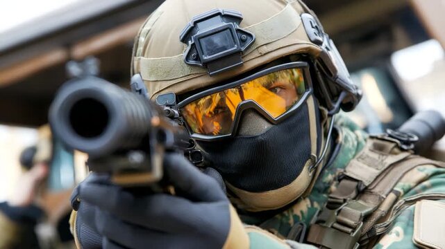 Special forces soldier in tactical gear aiming weapon during training exercise in urban environment