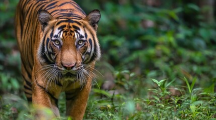 Obraz premium Tiger walking through dense jungle, endangered wildlife species protection and rainforest conservation concept.