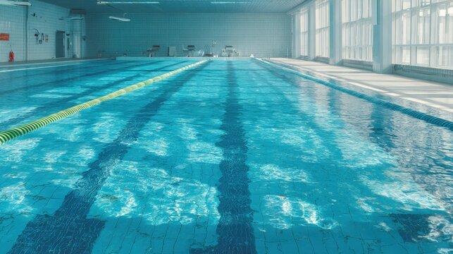 Indoor Swimming Pool with Clear Blue Water and Lane Dividers, Ideal for Fitness and Recreation