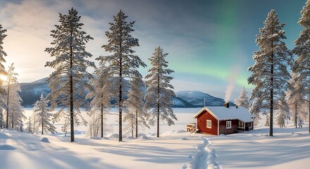 Cozy Wooden Cottage under Aurora Borealis in Lapland.