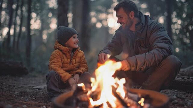 Bonding by the Bonfire: A tender moment unfolds as a father and son share an intimate fireside chat in a serene, forest setting, enveloped by the warm, inviting glow of the crackling flames.