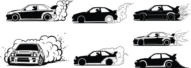 Drift car silhouette, racing vehicle vector, smoke drifting design, automotive sport illustration, tuner car graphic, fast motion concept, modern racing design, competition © Sakib World