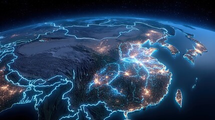 Earth View of East Asia: Night Lights Illuminate Urban Centers in a Digital Rendering