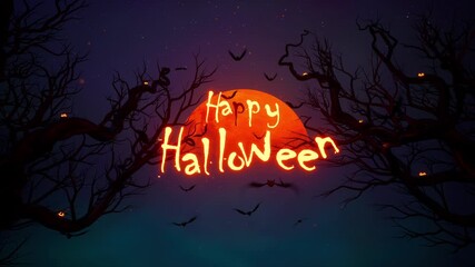 Happy Halloween Text Glowing Over Blood Moon With Spooky Trees And Bats - Powered by Adobe