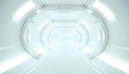 Minimalist futuristic white spaceship corridor interior, bright sci-fi tunnel spaceship background 4k digital wallpaper design