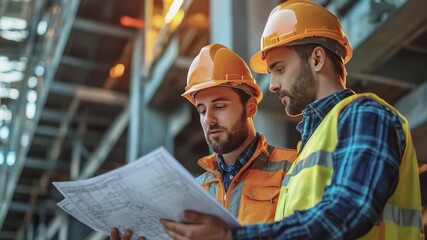 Construction Review: Two skilled construction workers, clad in hard hats and safety gear, meticulously review blueprints at a bustling construction site. Their focused interaction.