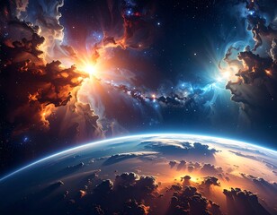 A vibrant nebula illuminates a planet's horizon, showcasing a cosmic sunrise