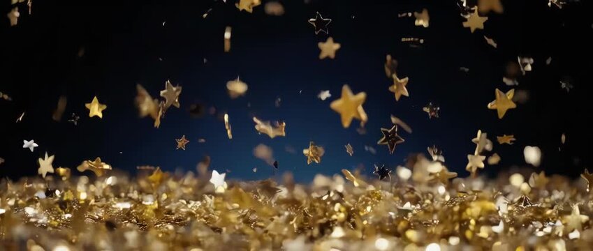 Slow Motion Golden Star Confetti Rain Background. The shimmering and twinkling stars create a dreamy and festive atmosphere, perfect for New Year's Eve, holidays, and award announcements.