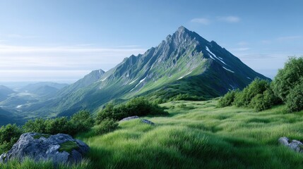 Mountain Peak Landscape with Lush Greenery and Patches of Snow Under a Blue Sky in Bright Cinematic Lighting