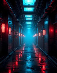 Dark futuristic spaceship corridor interior with glowing red and blue lights, mysterious spaceship background 4k sci-fi environment