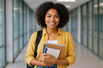 Smiling African American Student with Books in School Hallway, Education and Campus Life