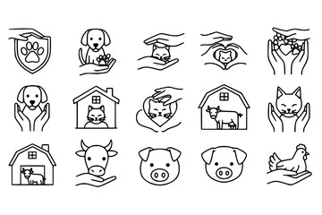 Fototapeta premium Animal Welfare Icons Set: Protecting Pets & Farm Animals, Hands Showing Care, Love, Shelter, Veterinary, Health, Compassion.