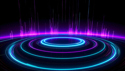 Abstract digital art of concentric glowing circles and vertical lines against black background.