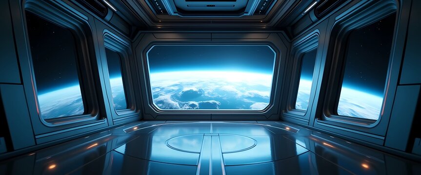 Stunning Earth view from futuristic starship observation deck, immersive spaceship background 4k design for sci-fi wallpapers and interstellar environments