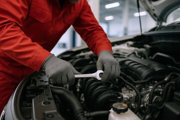 Obraz premium Automotive Mechanic Inspecting Car Engine Bay Wearing Red Overalls, Performing Maintenance, and Using Wrench