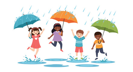 Children cheerfully jumping in puddles under colorful umbrellas during a rainy day.