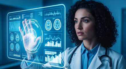 A female doctor in a white coat interacts with a futuristic holographic medical interface displaying brain scans and vital signs.