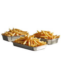 Three trays of fries isolated on white background