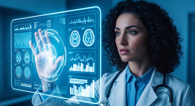 A female doctor in a white coat interacts with a futuristic holographic medical interface displaying brain scans and vital signs.