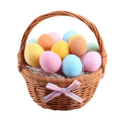 Woven basket filled with colorful felted eggs and decorative ribbon easter
