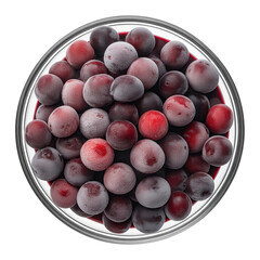 Top view bowl of brazilian frozen acai berry isolated on transparent white background, clipping path