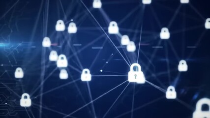Dynamic interconnected digital network graphic with glowing lock icons representing secure data transfer and cybersecurity in a futuristic technological landscape - Powered by Adobe
