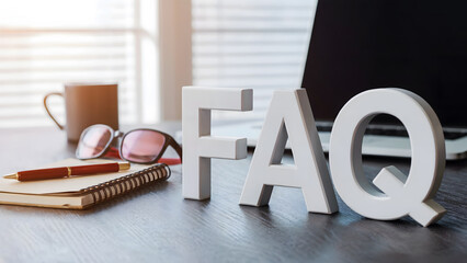 Faq letters with laptop coffee cup glasses and notebook on a desk in a bright office setting view 