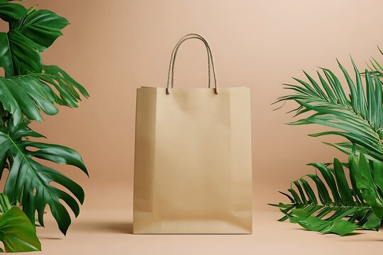 Eco-friendly kraft paper bag mockup with lush green tropical leaves natural branding studio shot