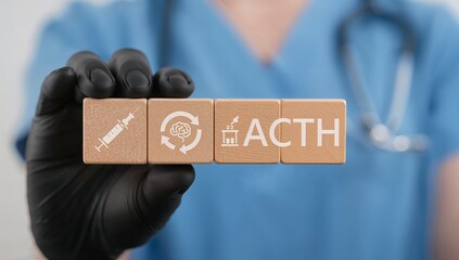 Doctor using virtual touch screen push text: ACTH. ACTH or Adrenocorticotropic Hormone Innovation Medical Concept. health care