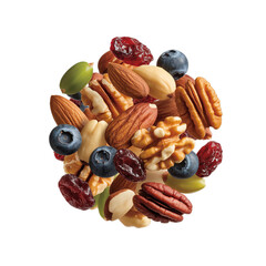 Trail Mix With Floating Nuts And Dried Fruits On Transparent isolated on white background
