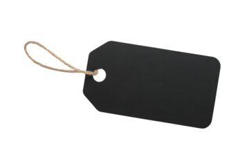 Blank black rectangular tag with string for labeling or pricing information isolated on transparent background