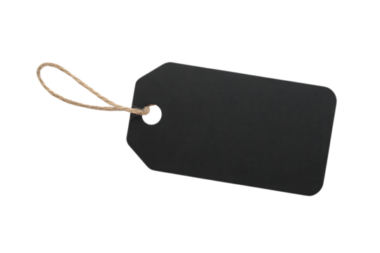 Blank black rectangular tag with string for labeling or pricing information isolated on transparent background